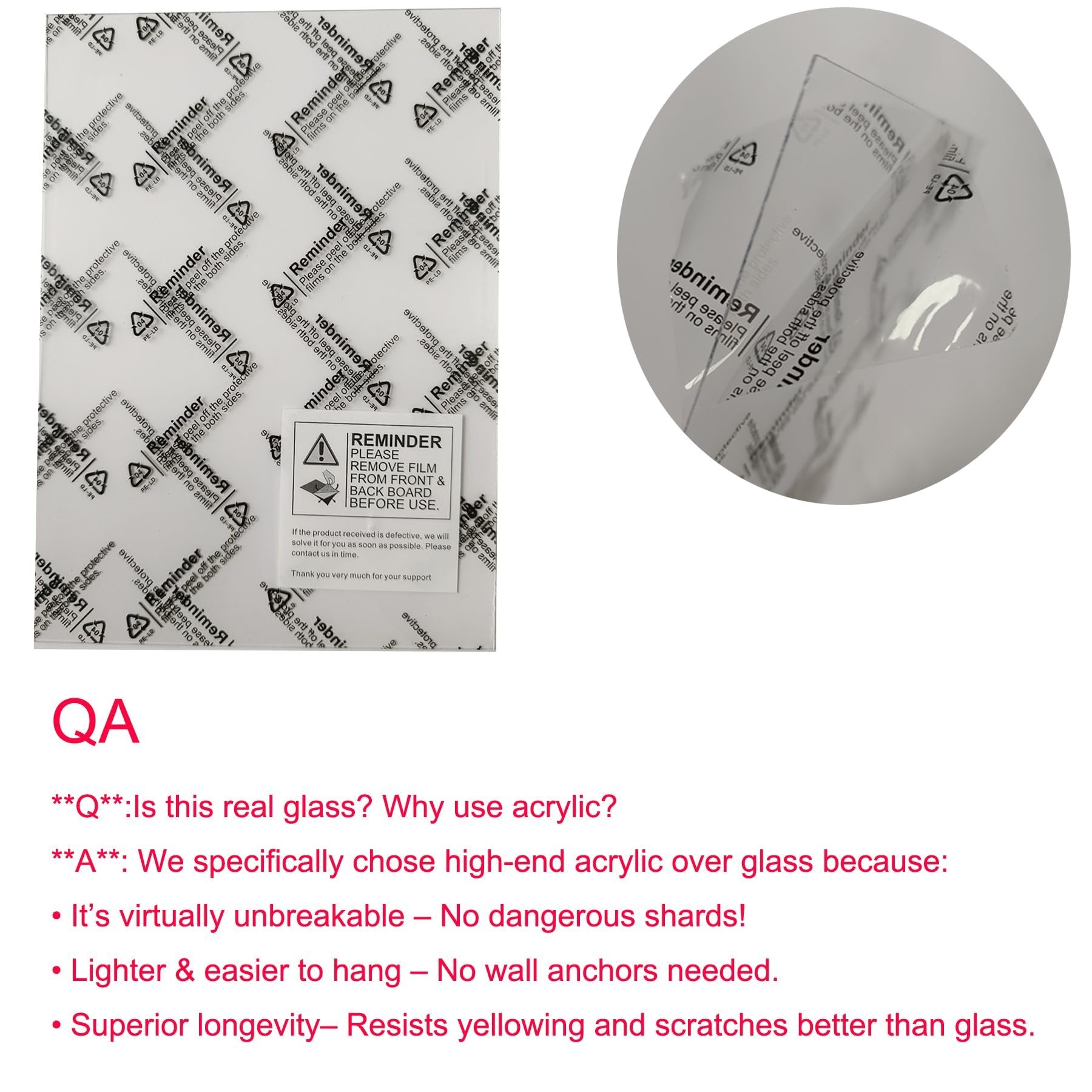 Protective film with recycling symbols and instructions on acrylic picture frame sheets.