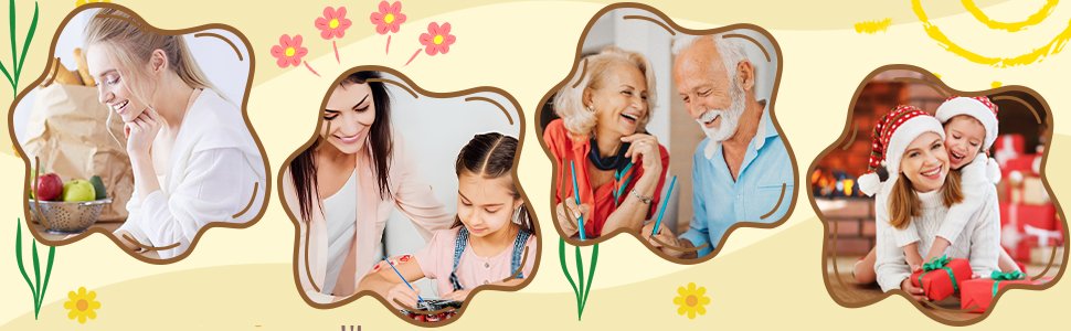Collage of people enjoying activities: woman with groceries, mother and daughter painting, elderly couple, mother and child with Christmas gifts.