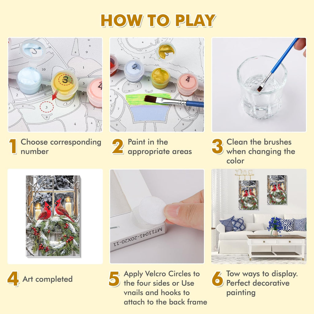 Paint by numbers kit instructions showing how to play, including choosing colors, painting, cleaning brushes, and displaying the finished art.