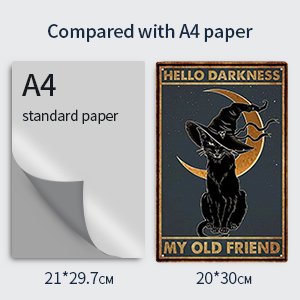 Black cat witch Halloween metal tin sign compared with A4 paper for size reference
