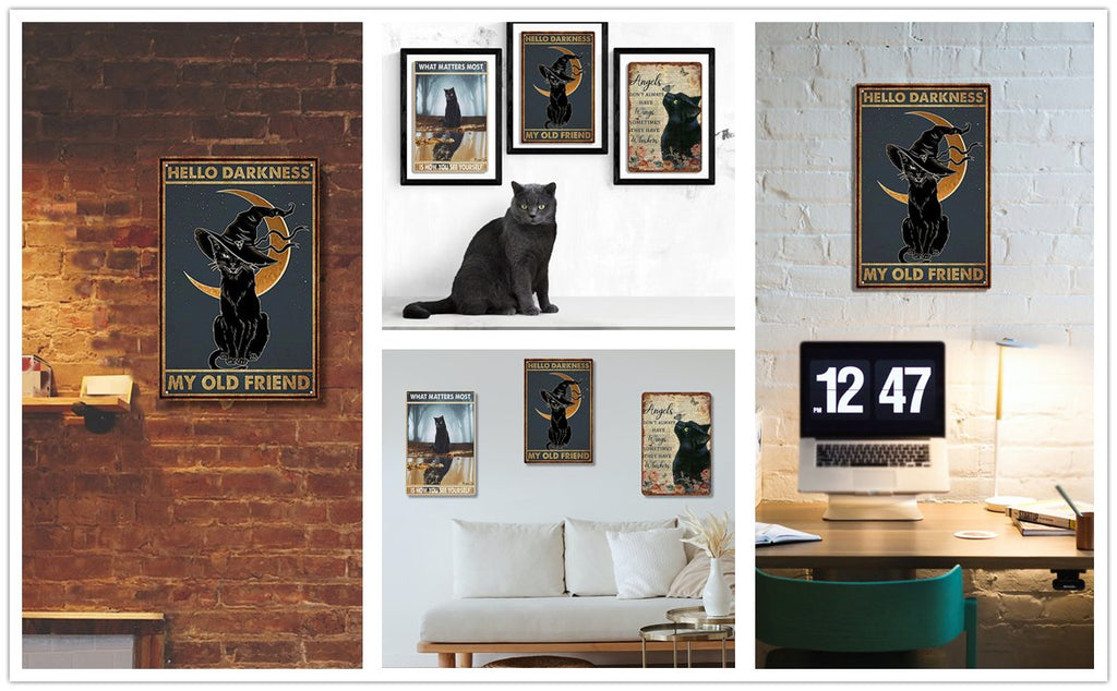 Collage of Halloween metal tin signs featuring black cats and moons, displayed in various home settings.