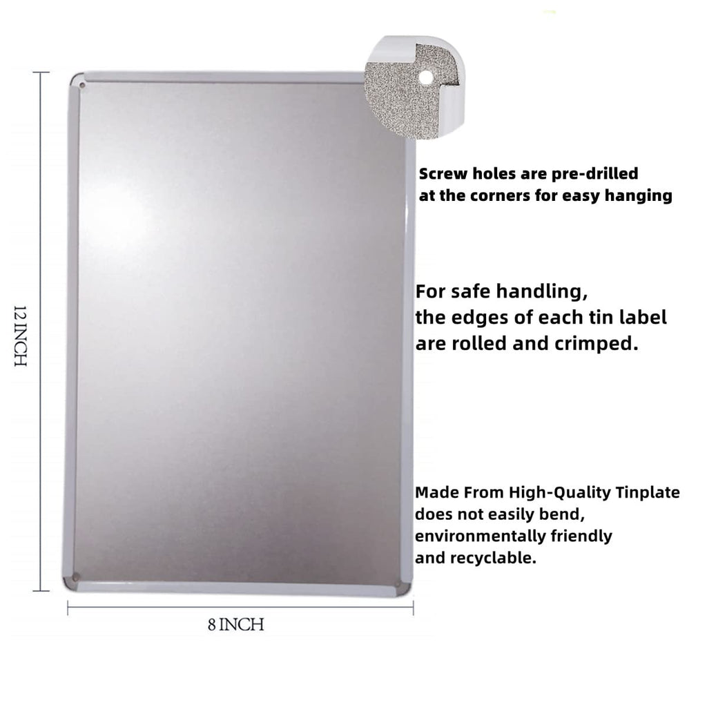Back of an 8x12 inch metal tin sign showing dimensions and manufacturing details.