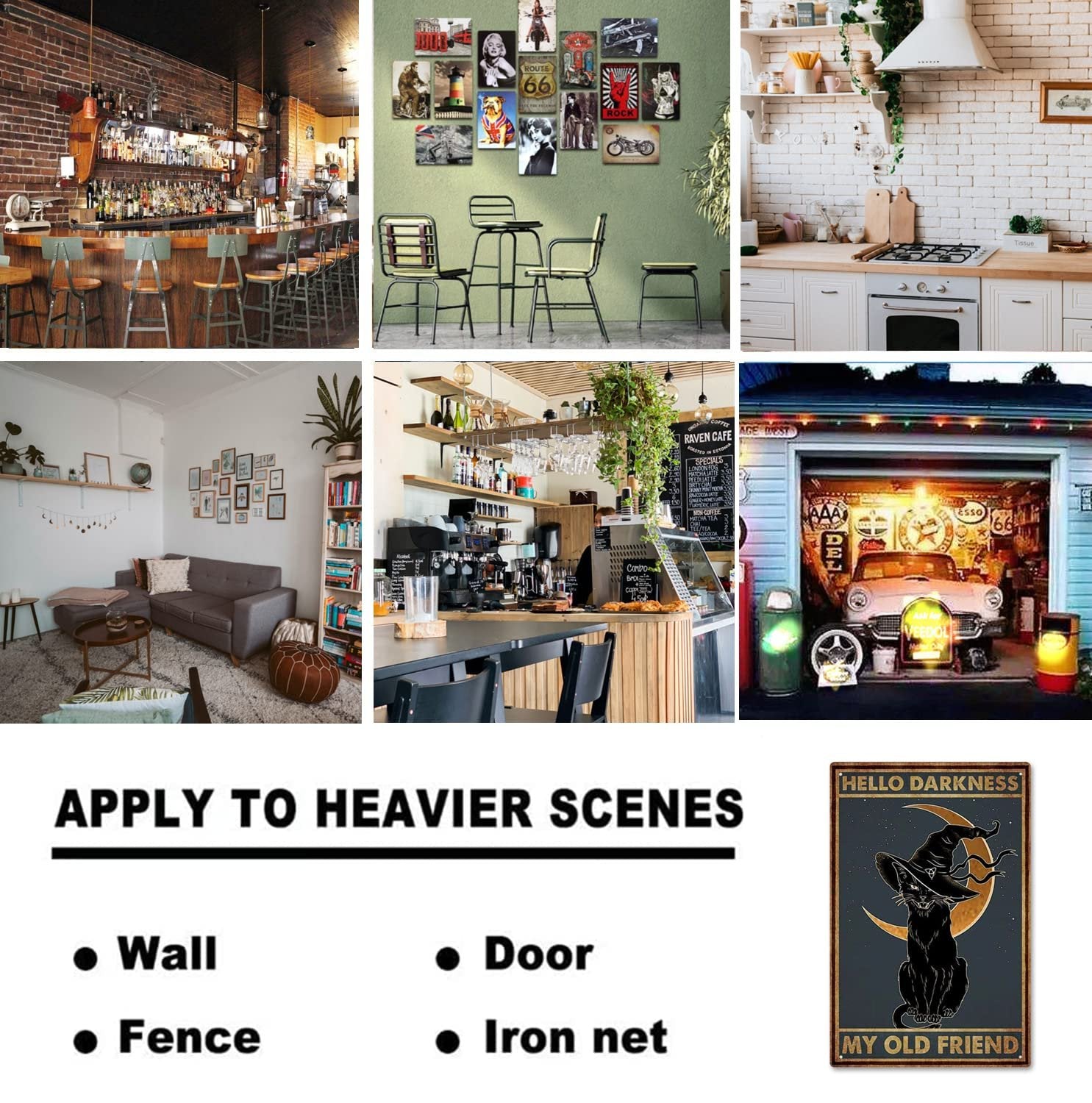 Collage of lifestyle images and a black cat witch Halloween metal tin sign with text 'Hello Darkness My Old Friend'.