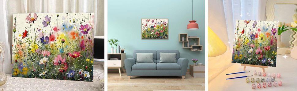 Paint by numbers kit with colorful wildflowers on canvas, displayed on easel with paints and brushes.