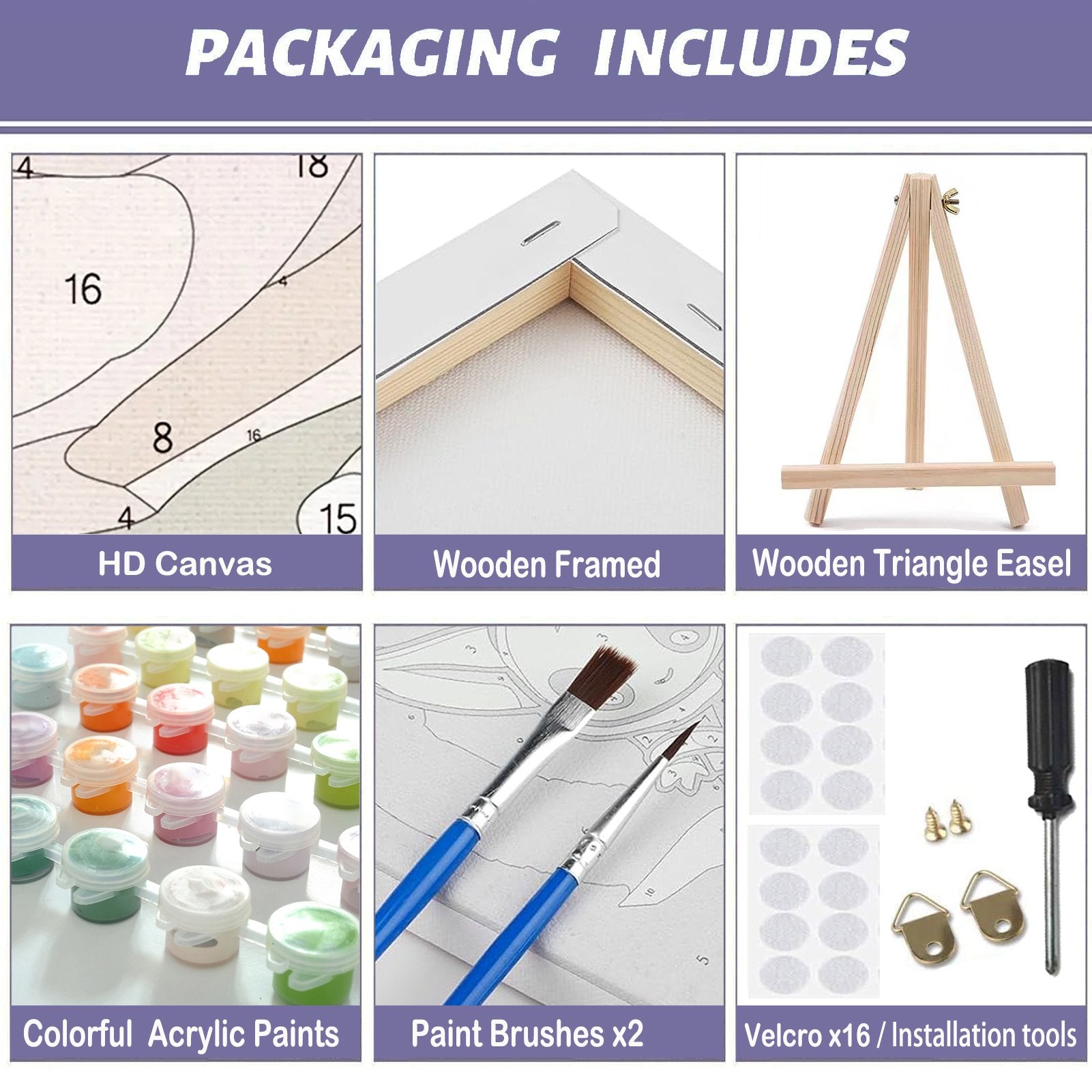 Paint by numbers kit contents: HD canvas, wooden framed canvas, wooden easel, acrylic paints, brushes, velcro, and installation tools.