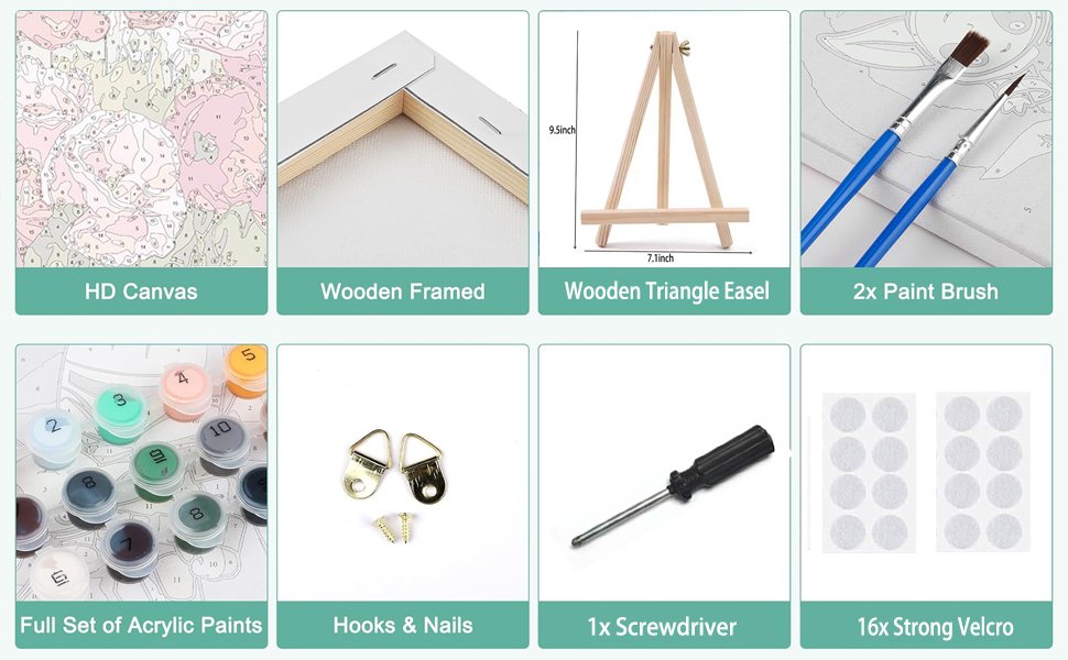 Collage of paint by numbers kit components including canvas, easel, brushes, paints, hooks, screwdriver, and velcro.