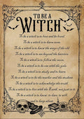Metal tin sign with "To Be A Witch" text and witchy illustrations like skulls, hat, and bats.
