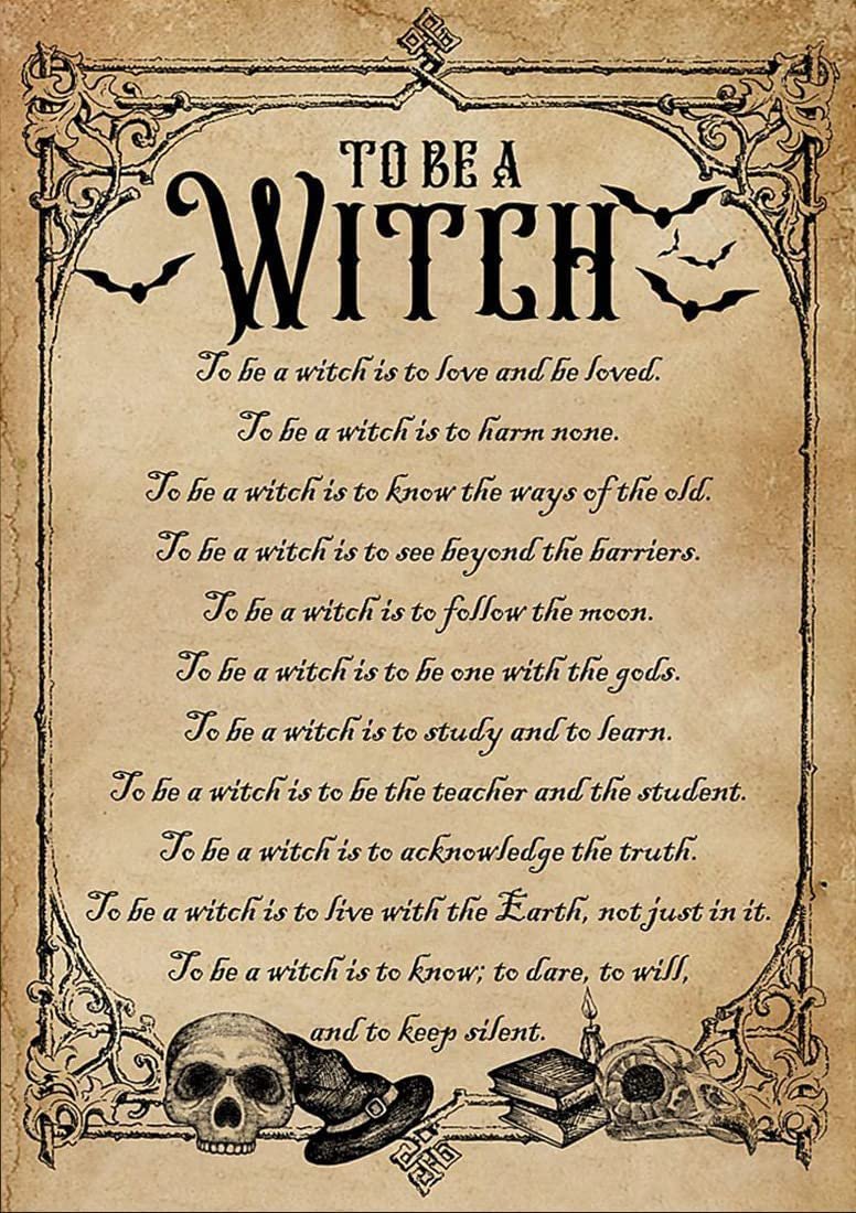 Metal tin sign with "To Be A Witch" text and witchy illustrations like skulls, hat, and bats.