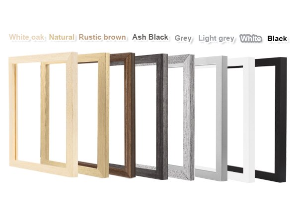 Eight wood picture frames in various colors and wood grains displayed side-by-side.