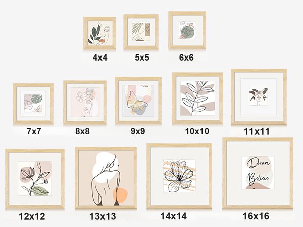 Collection of square picture frames in various sizes with abstract art and text inserts, labeled with dimensions.