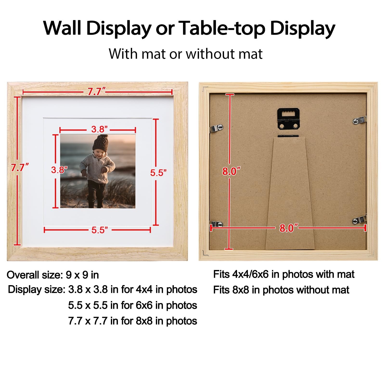 Two wooden picture frames shown, one with a child's photo and dimensions, the other showing the back with stand.