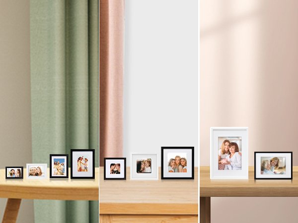 Collage of various picture frames displayed on wooden surfaces with soft lighting and curtains.