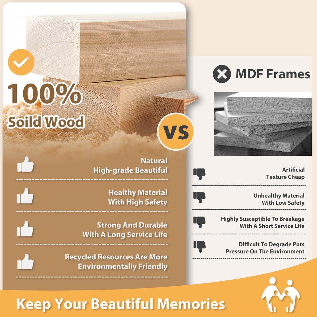 Comparison of solid wood and MDF materials for picture frames, highlighting benefits of solid wood.