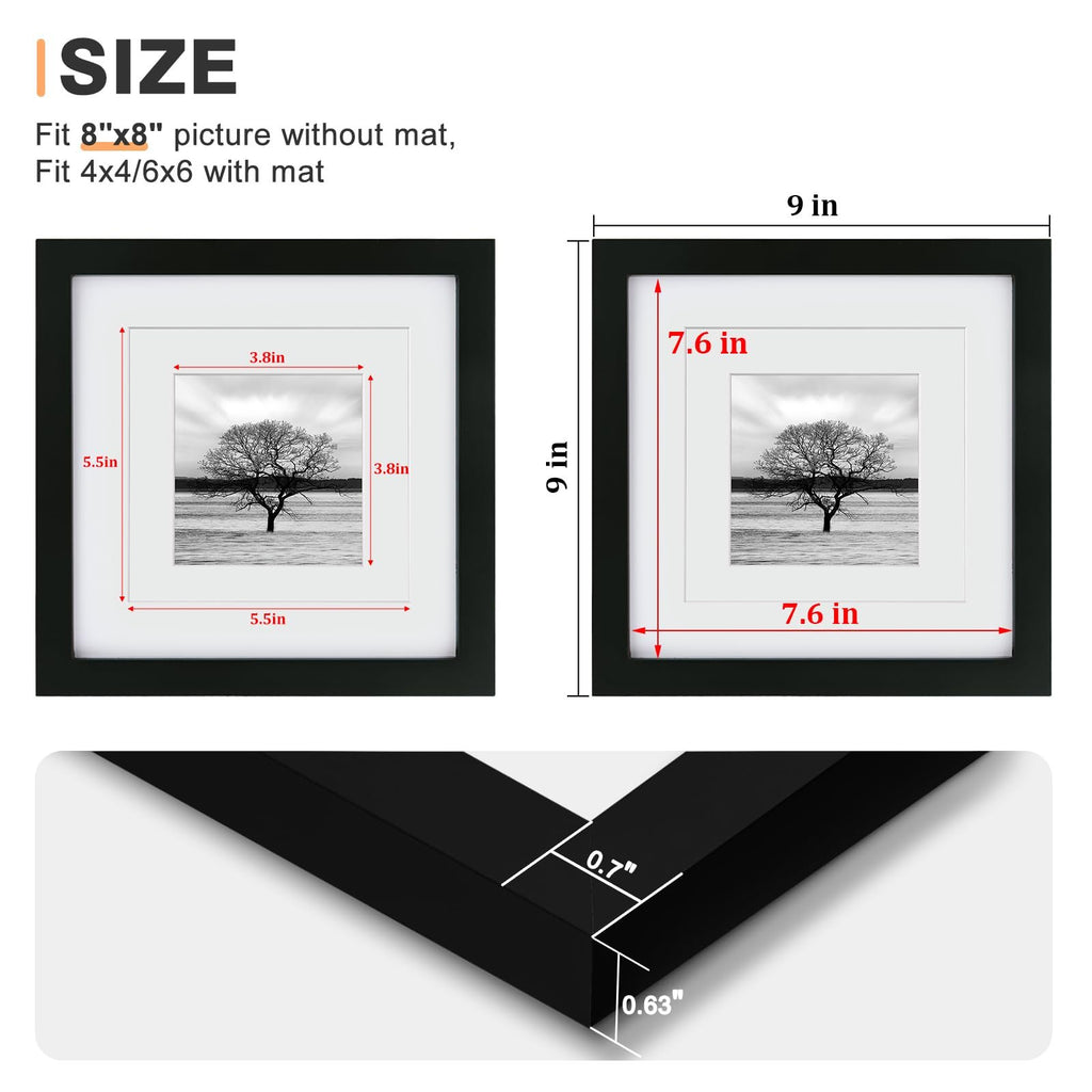 Diagram showing dimensions of black 8x8 picture frames, with and without mats.