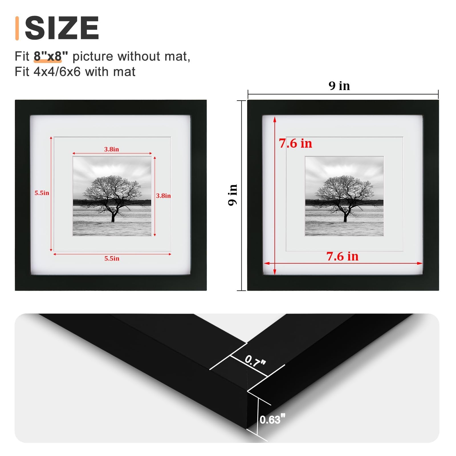Diagram showing dimensions of black 8x8 picture frames, with and without mats.