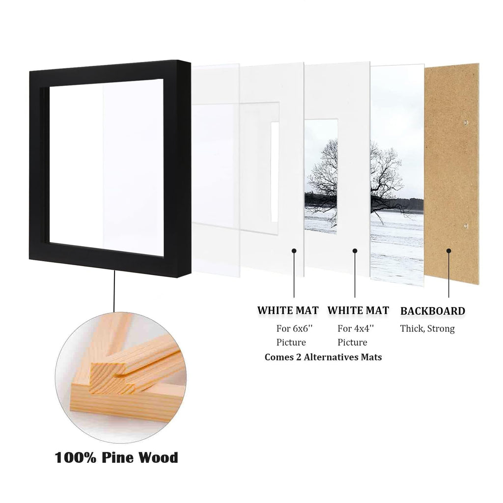 Exploded view of a black 8x8 picture frame showing layers: glass, white mat for 6x6, white mat for 4x4, backboard, and inset detail of pine wood construction.