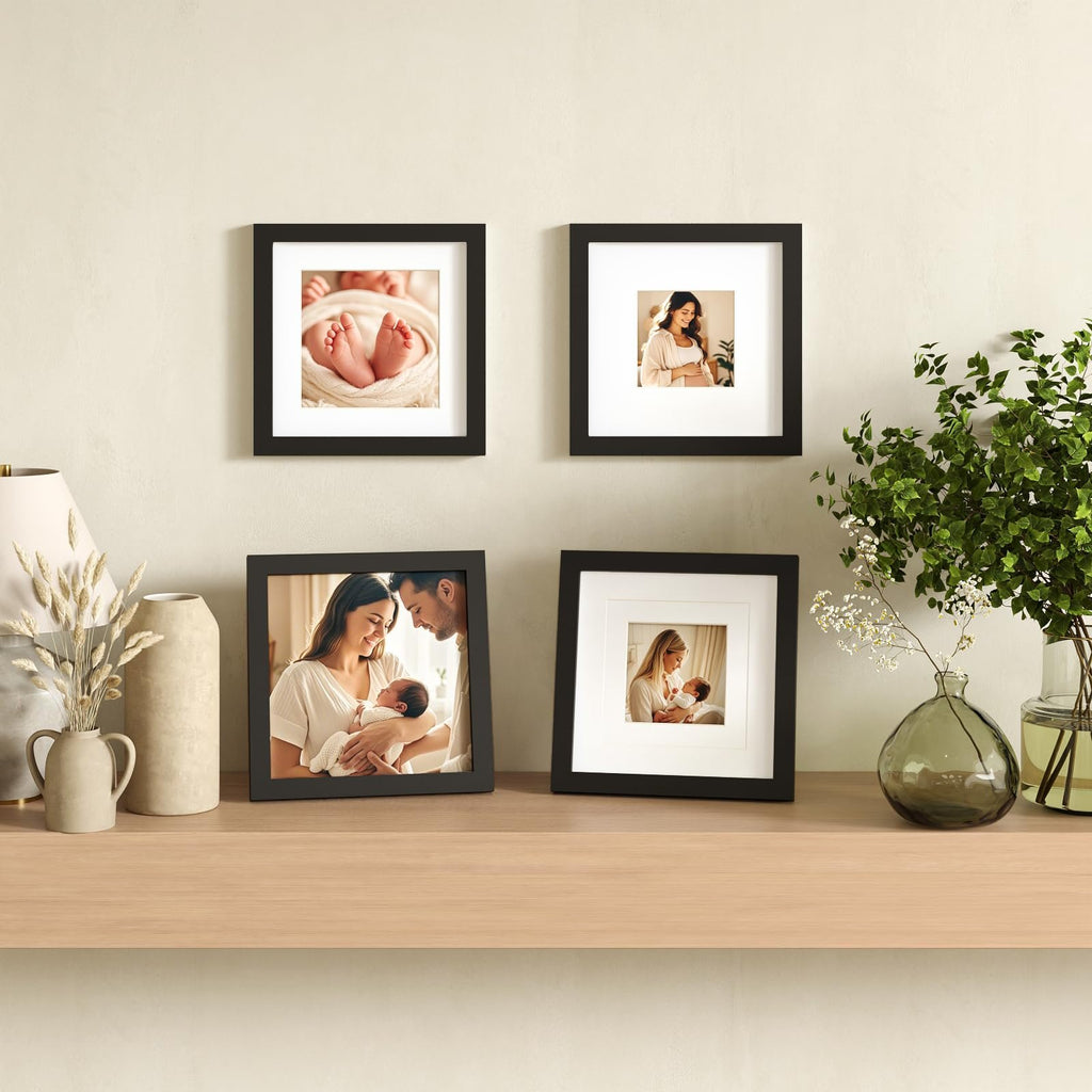 Four black picture frames displaying family photos on a wooden shelf with decorative vases and plants.