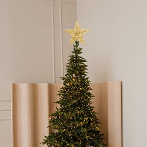 Gold 5-point star Christmas tree topper with glitter and wire frame, placed on top of a decorated evergreen tree.