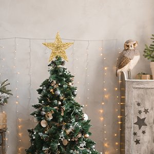 Gold glitter 5-point star Christmas tree topper on a decorated evergreen tree, with fairy lights and an owl figurine in the background.