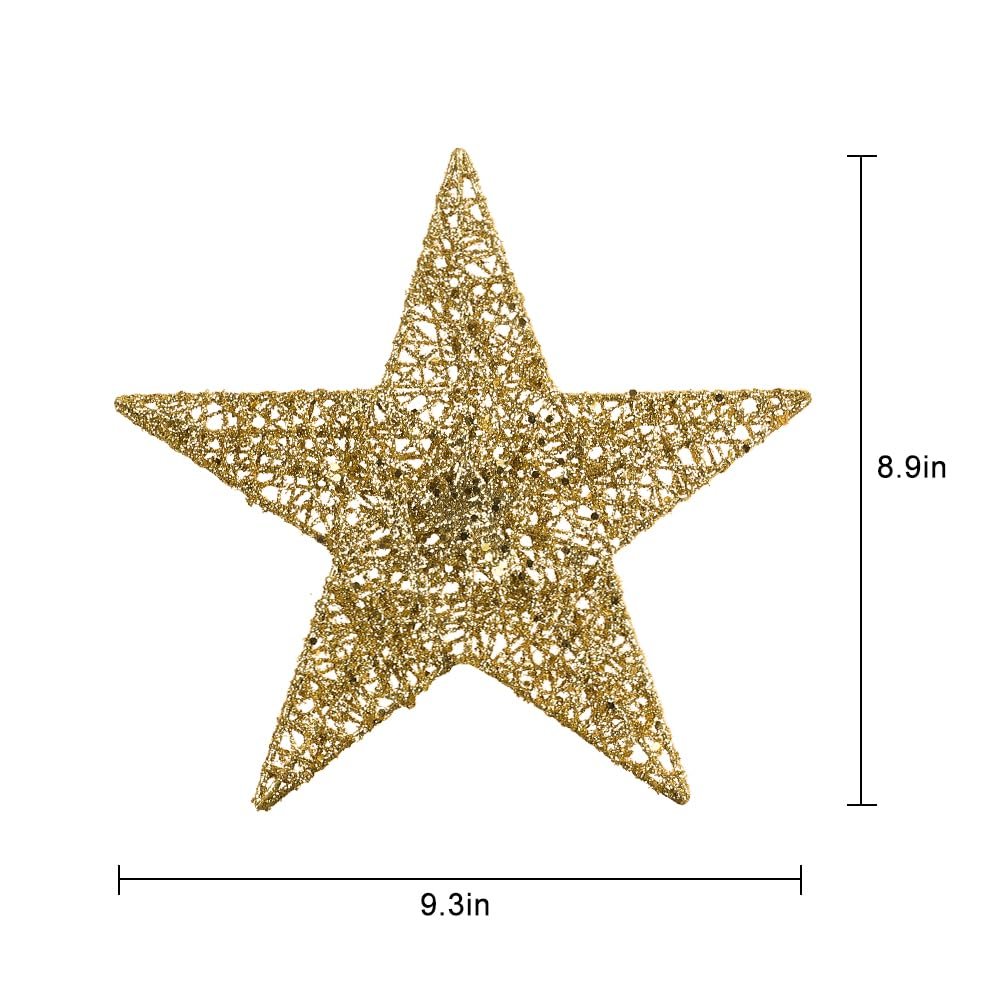 Gold 5-point glitter star Christmas tree topper shown from the front with dimensions indicated.