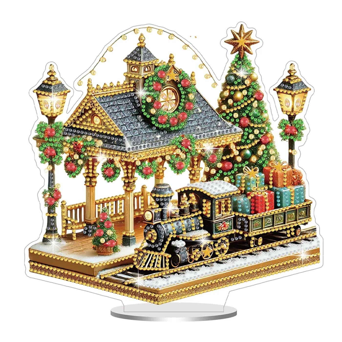 Diamond art painting kit of a Christmas railway station with a train and gifts, featuring a decorated tree and lampposts.