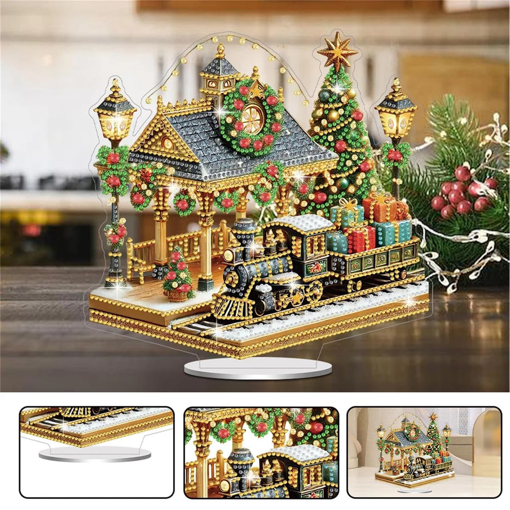 Diamond art painting kit of a Christmas railway station with a train, decorated with wreaths and a Christmas tree.