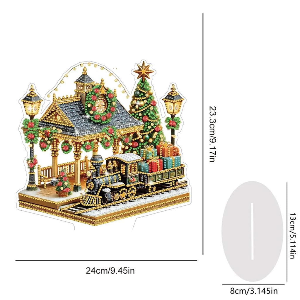 Christmas railway station diamond art painting kit with train, tree, and lights. Includes size dimensions.