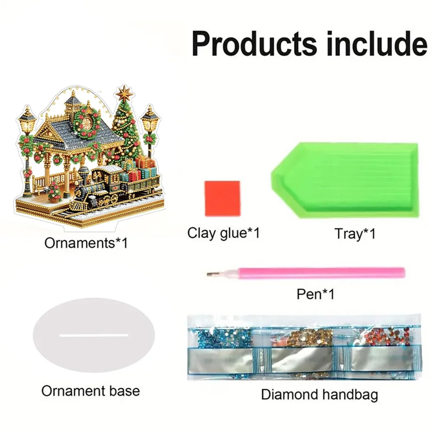 Diamond art painting kit contents including a Christmas train ornament, clay glue, tray, pen, ornament base, and diamond handbag.