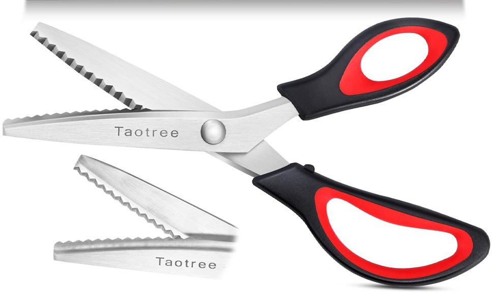 Pinking shears with zigzag teeth and black and red soft-grip handles, shown at an angle with a close-up inset of the blades.