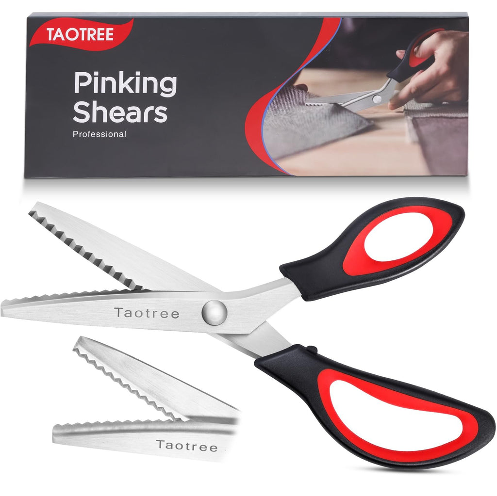 Pinking shears with zigzag teeth and black and red soft-grip handles, shown with packaging.