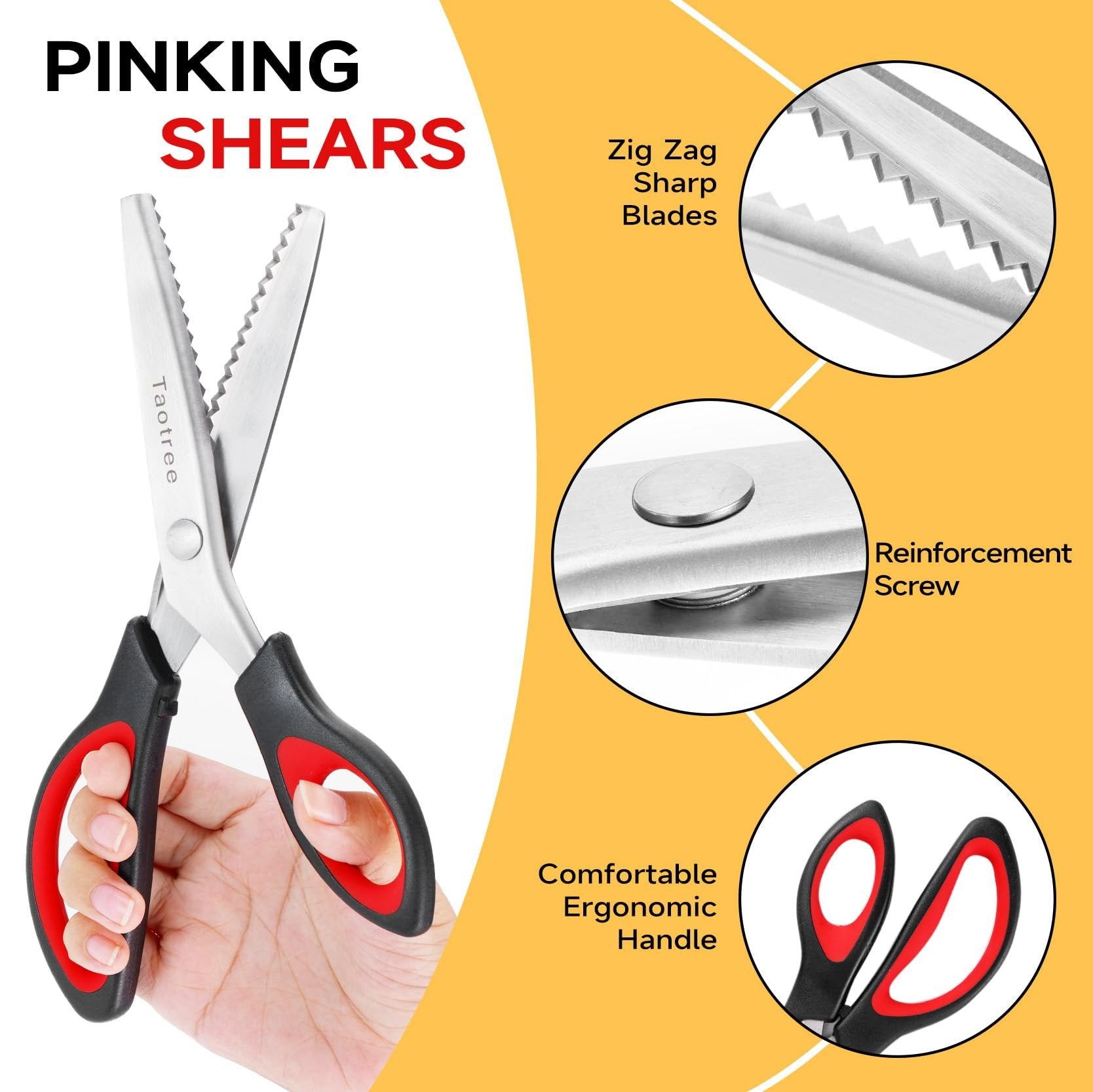 Hand holding pinking shears with zigzag blades, close-ups of blades, screw, and handles.
