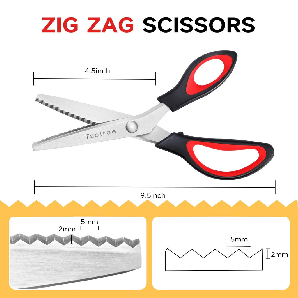Pinking shears with zigzag teeth, showing dimensions and close-up of blade edge and diagram.