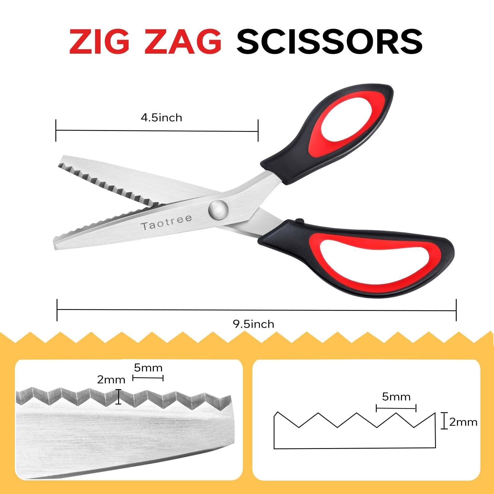 Pinking shears with zigzag teeth, showing dimensions and close-up of blade edge and diagram.