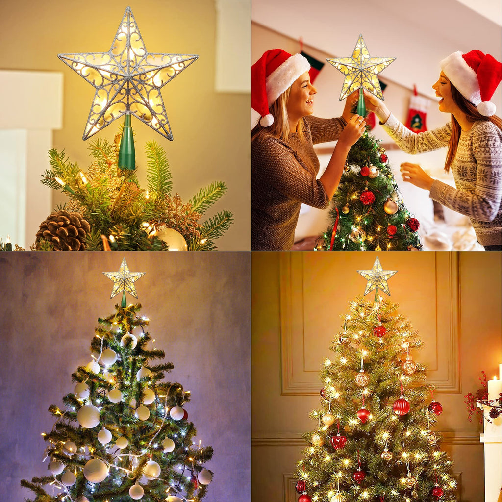 Glittering silver star tree topper with warm white lights on a decorated Christmas tree