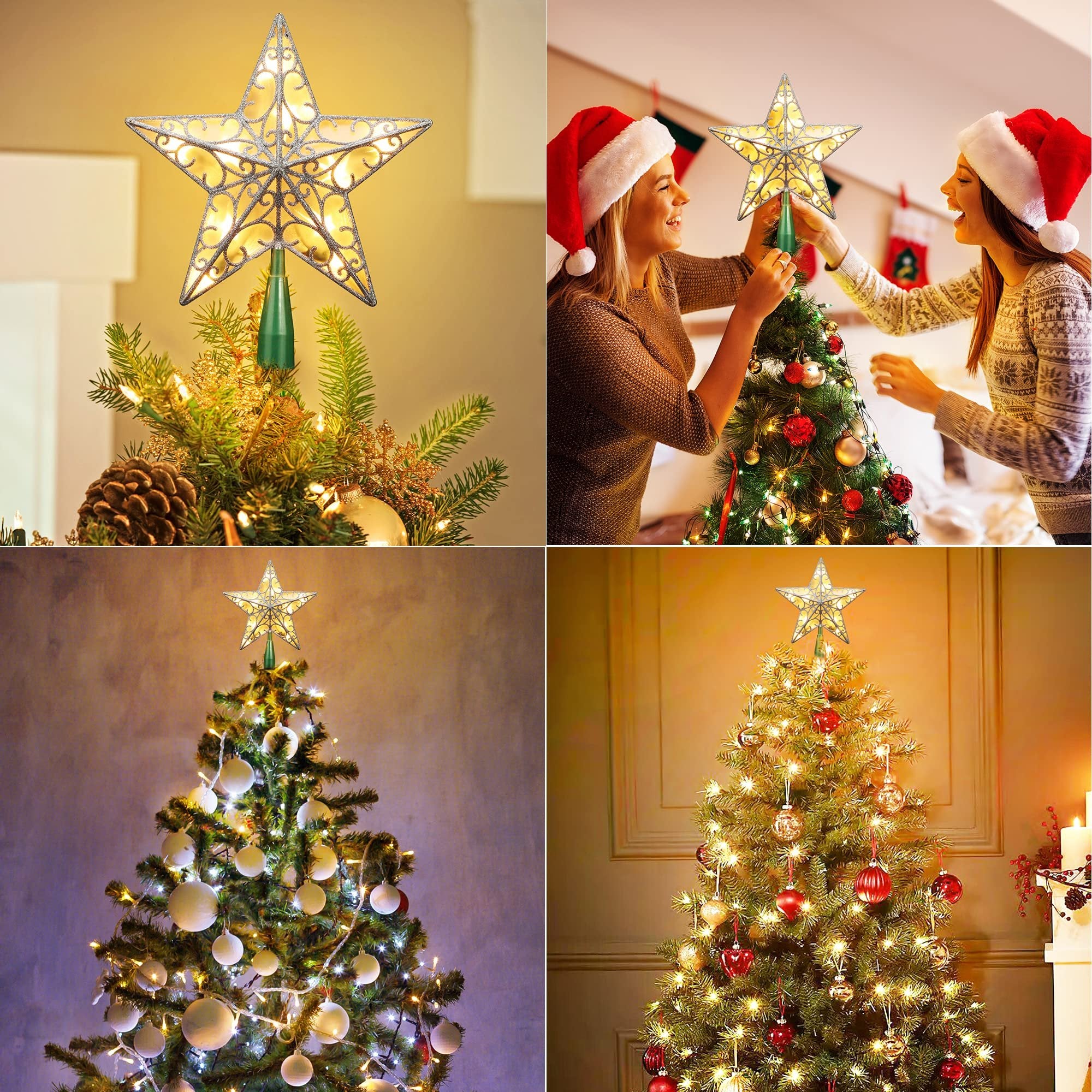 Glittering silver star tree topper with warm white lights on a decorated Christmas tree