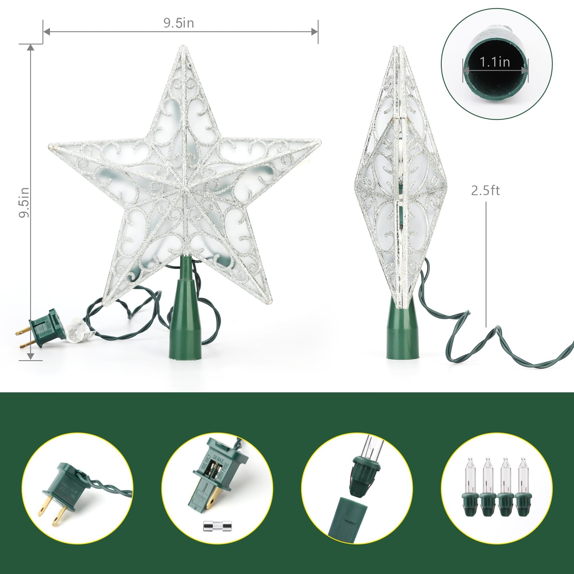 Silver glitter 3D star tree topper with warm white lights, shown from front and side with dimensions and detail shots of plug and bulbs.