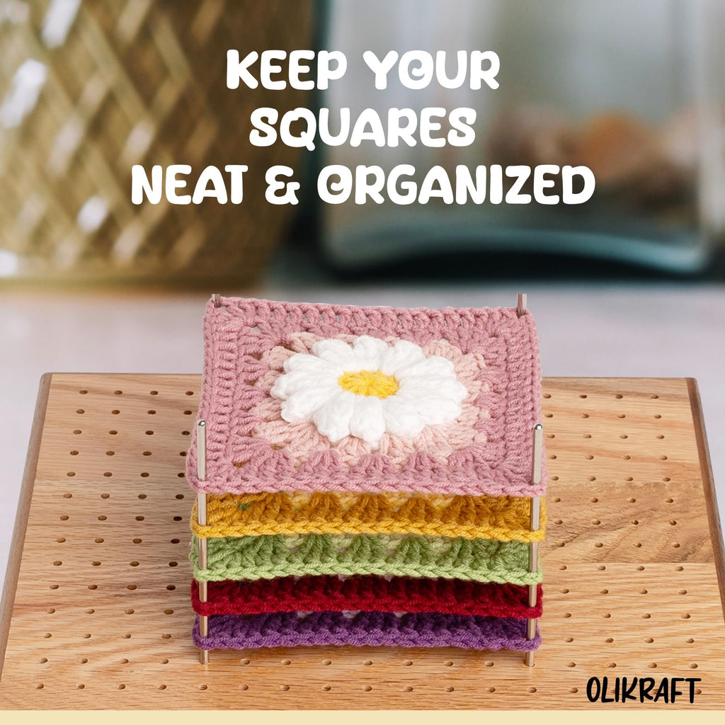 Crochet blocking board with stacked colorful granny squares and pins, with text overlay.