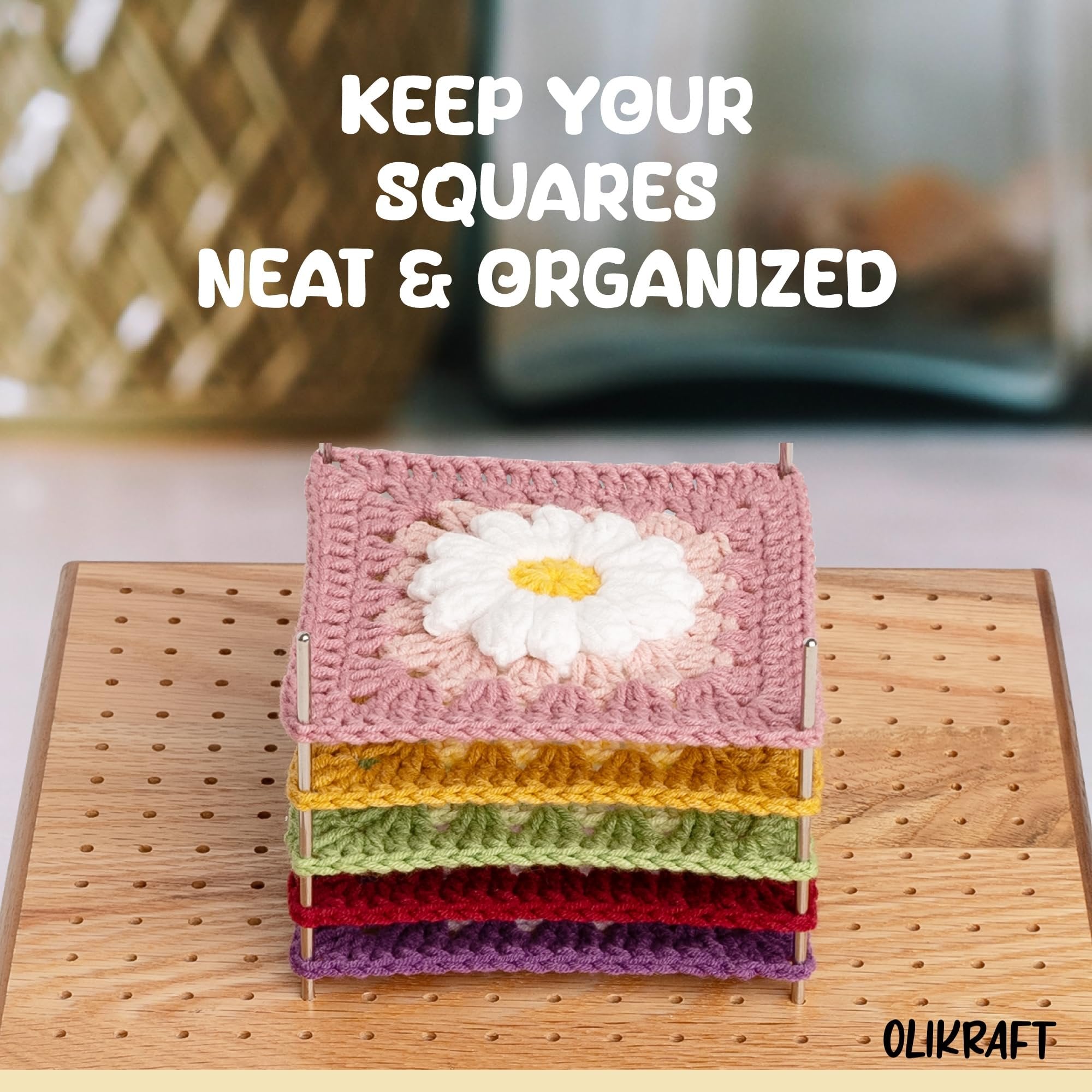 Crochet blocking board with stacked colorful granny squares and pins, with text overlay.
