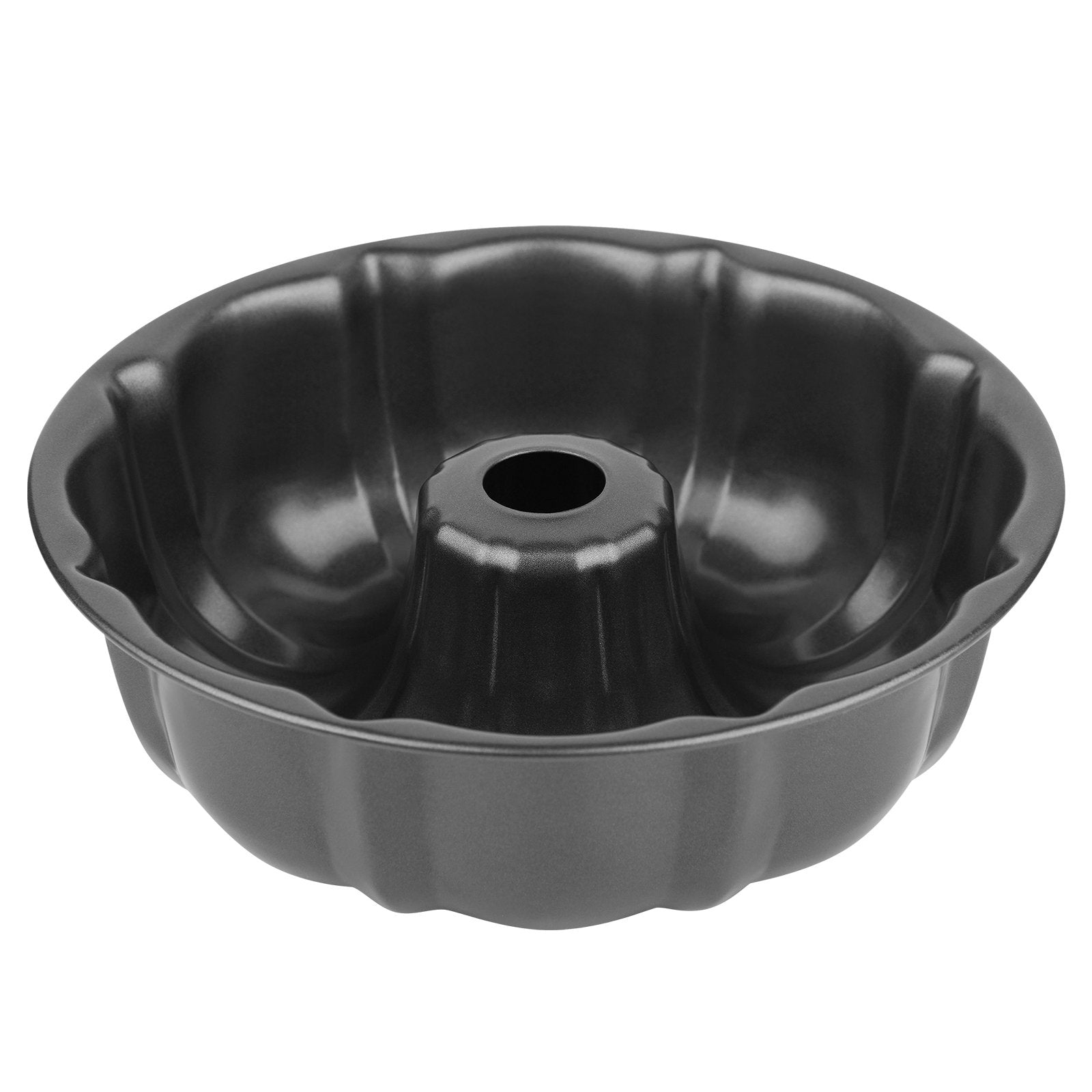 Dark gray fluted tube cake pan with a central tube, shown from a slightly elevated angle against a white background.