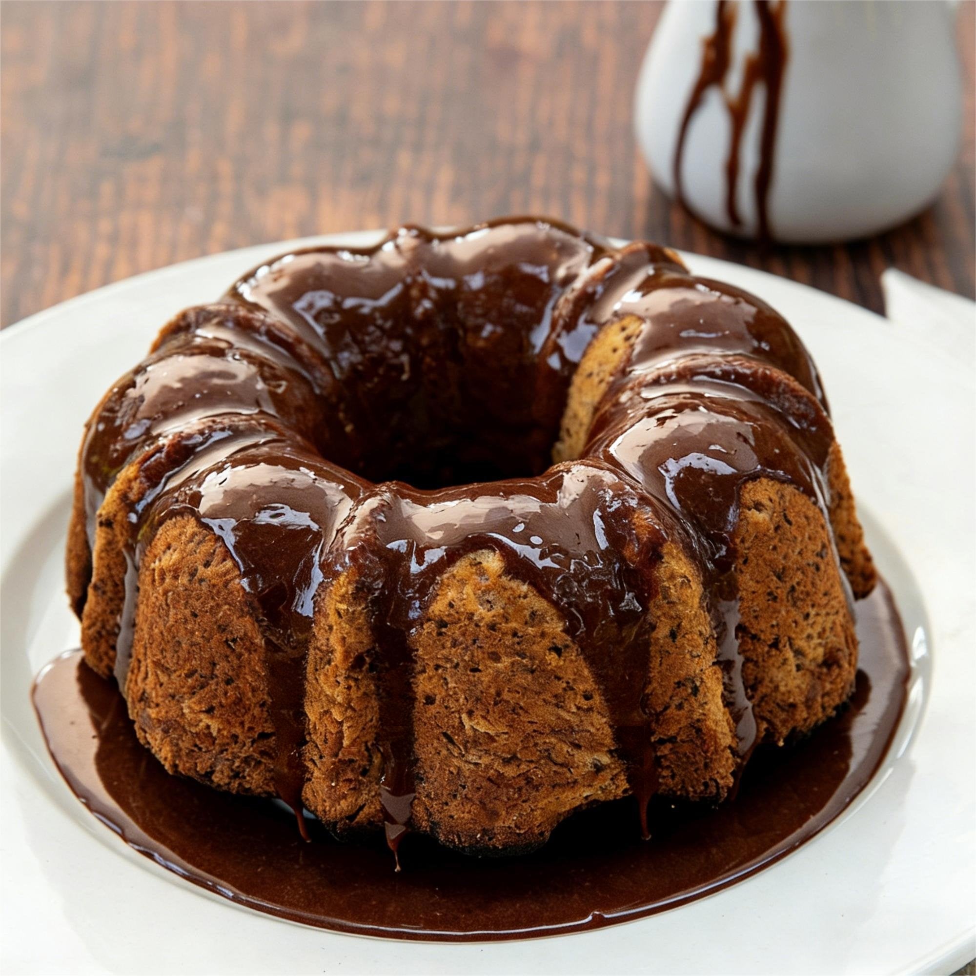 Chocolate glazed bundt cake on a white plate with a small pitcher of chocolate sauce in the background