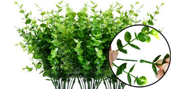 Bundles of artificial boxwood greenery with a close-up inset showing how stems connect