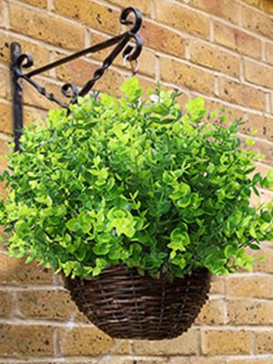 Hanging basket filled with lush green artificial boxwood plants, mounted on a brick wall.