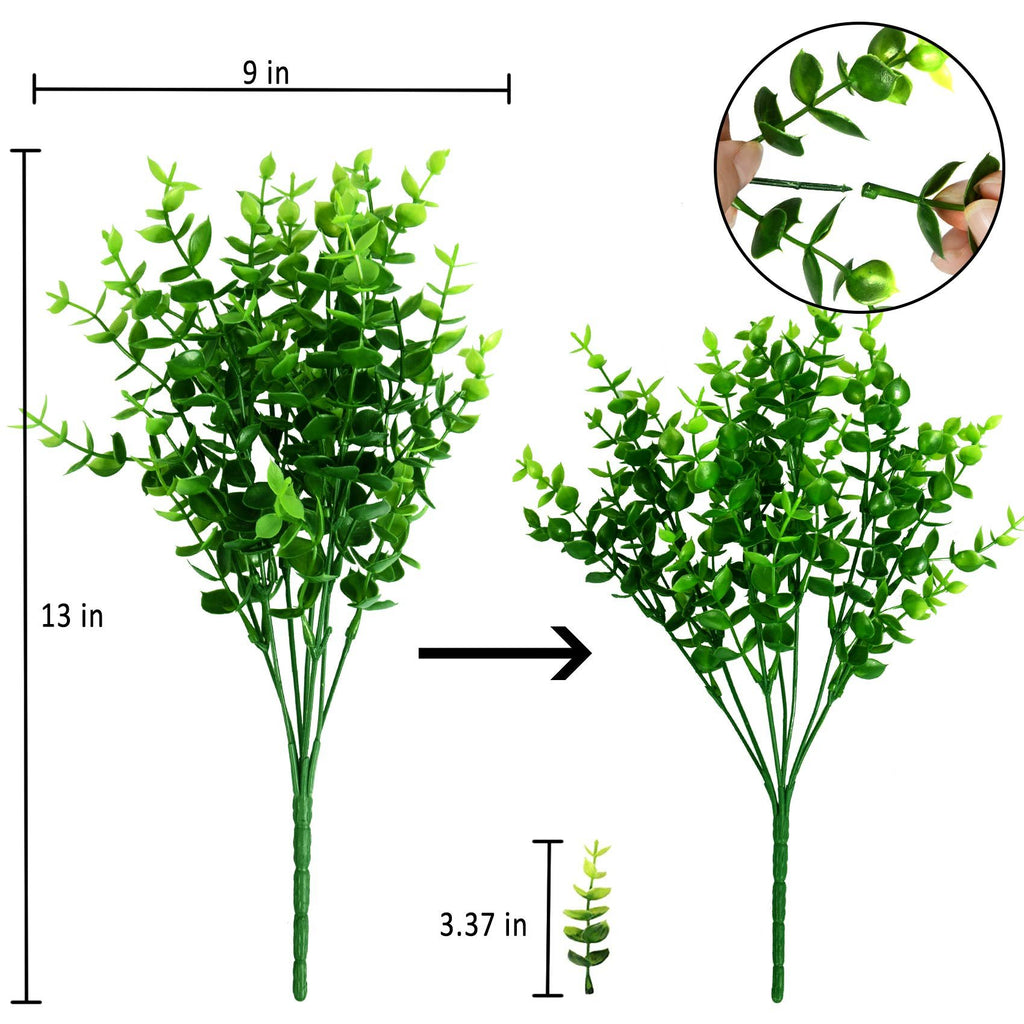 Artificial boxwood greenery stems with dimensions shown, and a close-up of how to connect them.