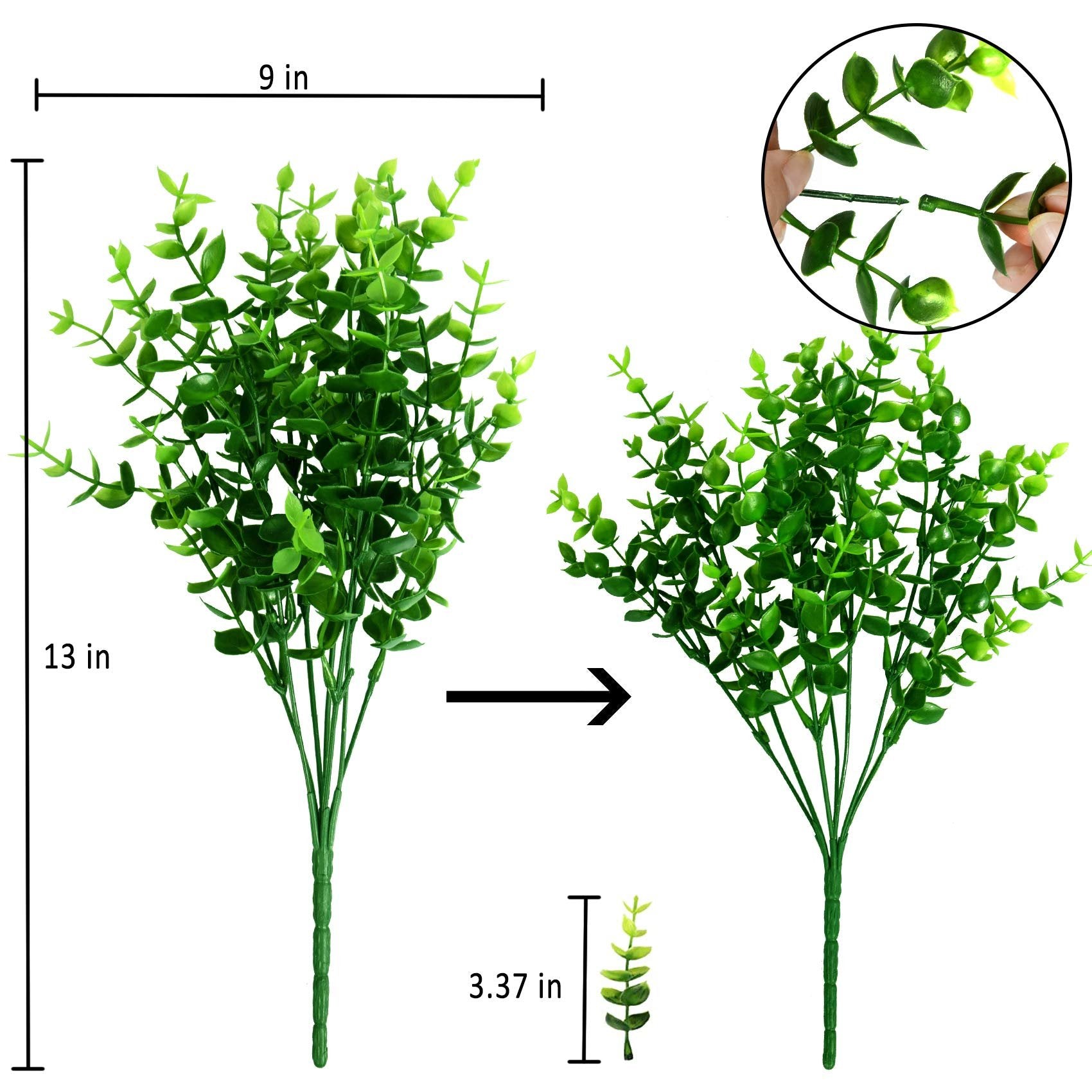 Artificial boxwood greenery stems with dimensions shown, and a close-up of how to connect them.