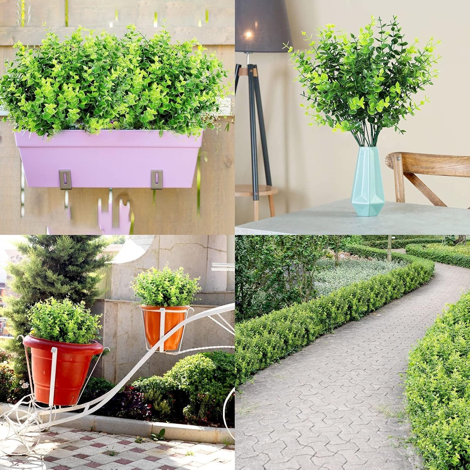 Collage of artificial boxwood greenery in various outdoor and indoor settings, including a planter box, vase, and garden path.