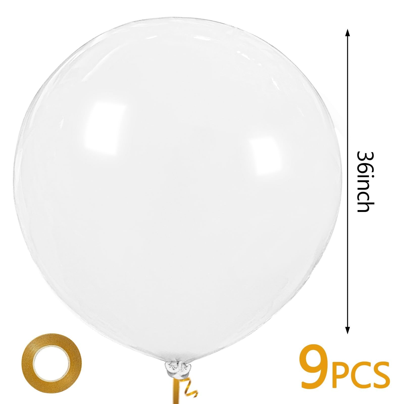 Large clear latex balloon with ribbon and a roll of tape, showing size and quantity.