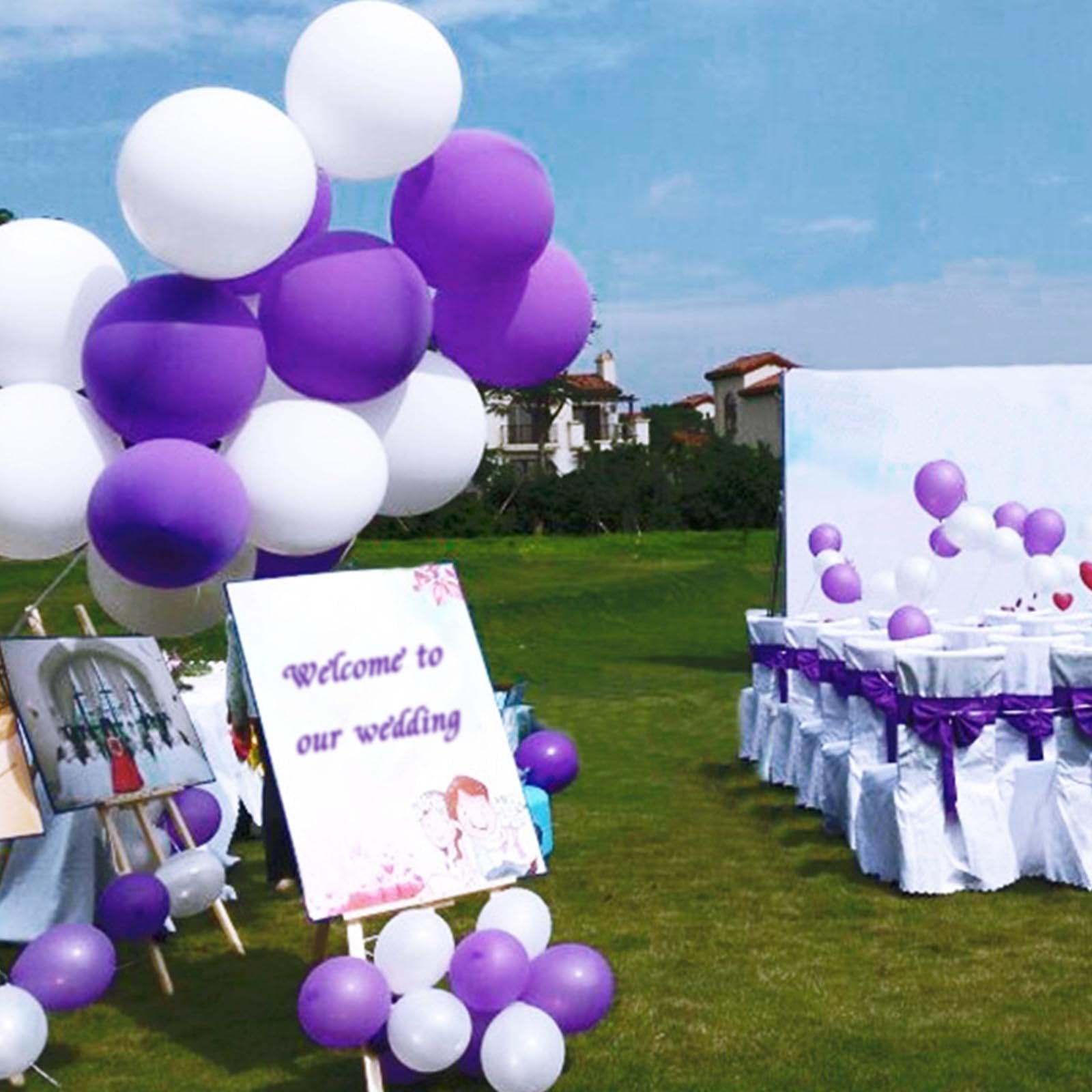 White and purple balloons arranged for an outdoor wedding ceremony with chairs and a welcome sign