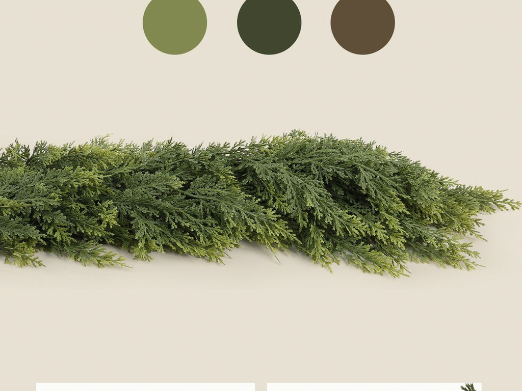Close-up of a lush green artificial cedar garland with detailed foliage, set against a neutral background with color swatches above.
