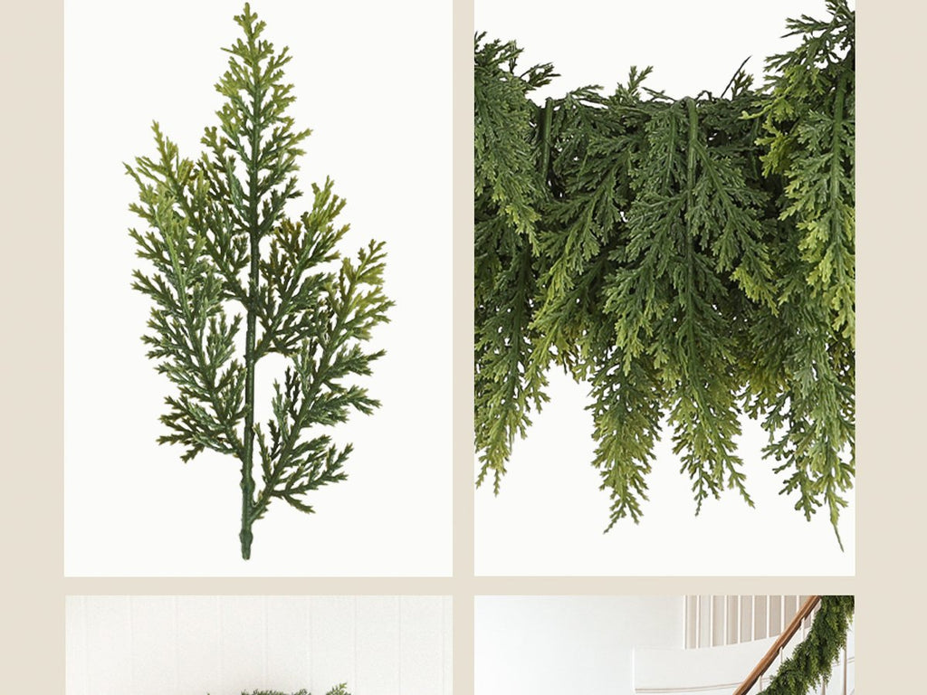 Close-up of artificial green cedar garland sprigs and draped garland