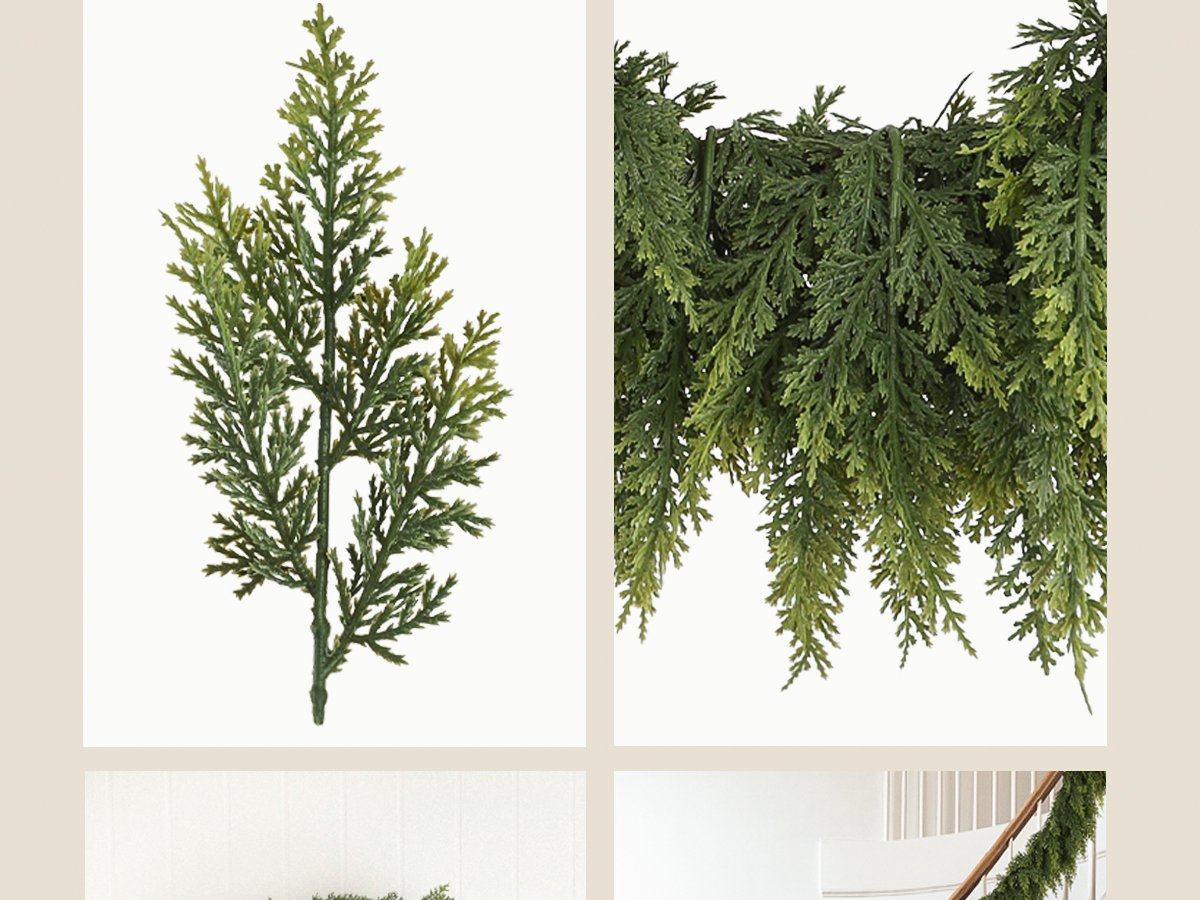 Close-up of artificial green cedar garland sprigs and draped garland